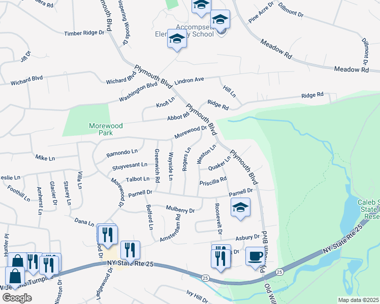 map of restaurants, bars, coffee shops, grocery stores, and more near 17 Rogers Lane in Smithtown
