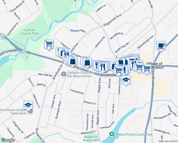 map of restaurants, bars, coffee shops, grocery stores, and more near in Smithtown