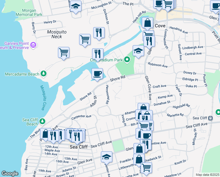 map of restaurants, bars, coffee shops, grocery stores, and more near 18 Hammond Road in Glen Cove