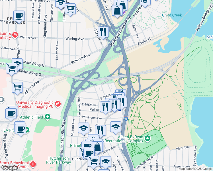map of restaurants, bars, coffee shops, grocery stores, and more near 1874 Pelham Parkway South in Bronx