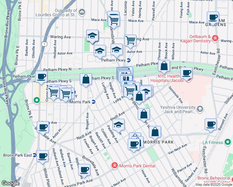 map of restaurants, bars, coffee shops, grocery stores, and more near 2121 Tomlinson Avenue in Bronx