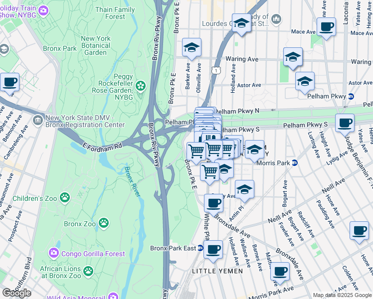 map of restaurants, bars, coffee shops, grocery stores, and more near 2185 Bolton Street in The Bronx