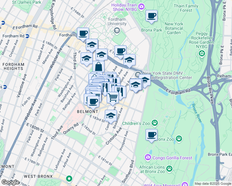 map of restaurants, bars, coffee shops, grocery stores, and more near in The Bronx