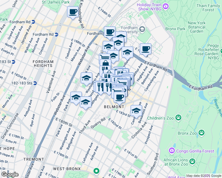 map of restaurants, bars, coffee shops, grocery stores, and more near 2360 Lorillard Place in The Bronx