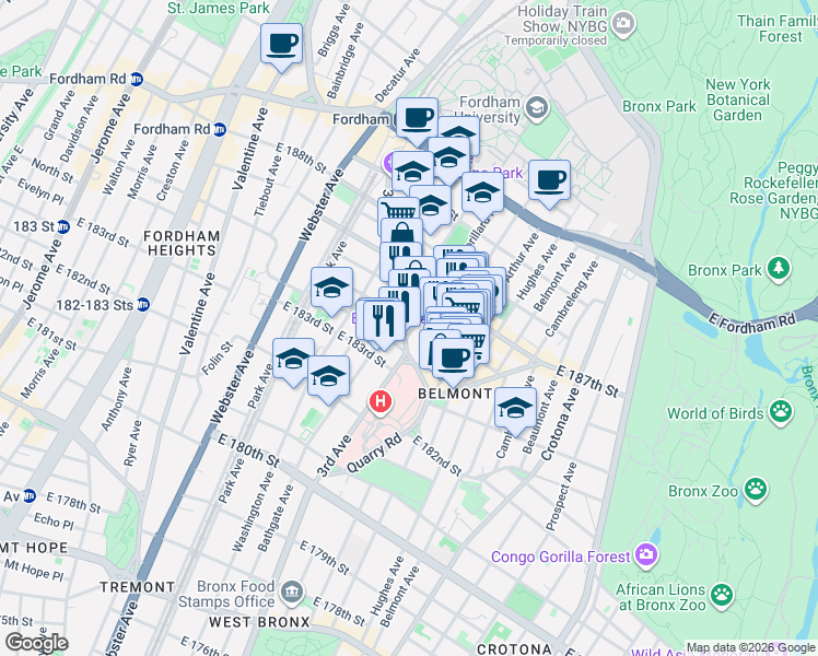 map of restaurants, bars, coffee shops, grocery stores, and more near 2360 Lorillard Place in The Bronx