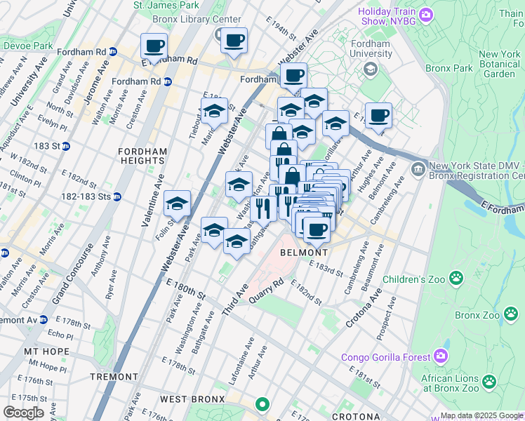 map of restaurants, bars, coffee shops, grocery stores, and more near in The Bronx