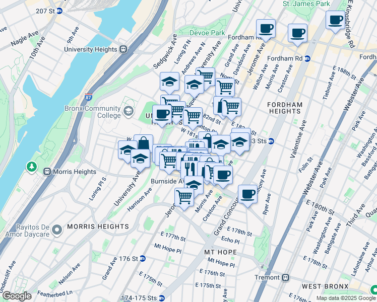 map of restaurants, bars, coffee shops, grocery stores, and more near in The Bronx