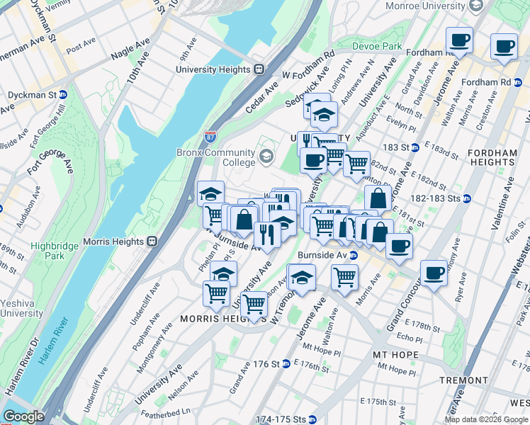 map of restaurants, bars, coffee shops, grocery stores, and more near in The Bronx