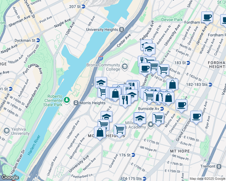 map of restaurants, bars, coffee shops, grocery stores, and more near 1944 Loring Place South in Bronx