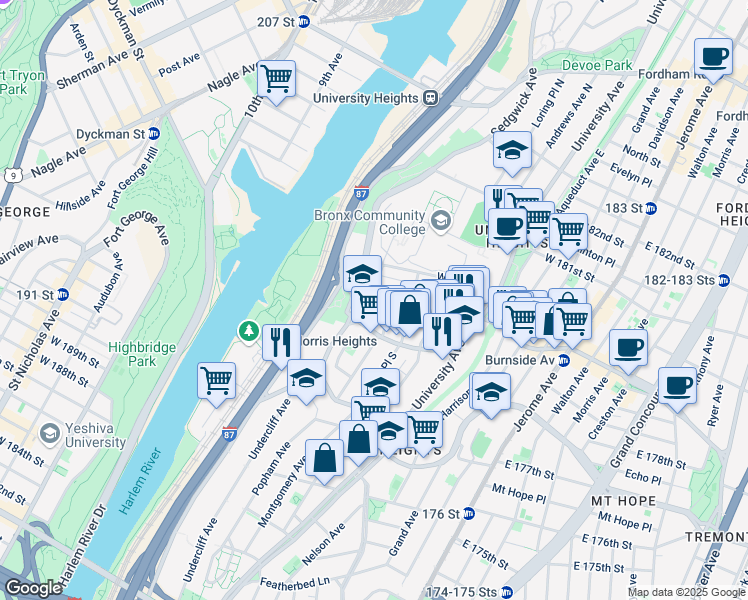 map of restaurants, bars, coffee shops, grocery stores, and more near 210 West 179th Street in Bronx