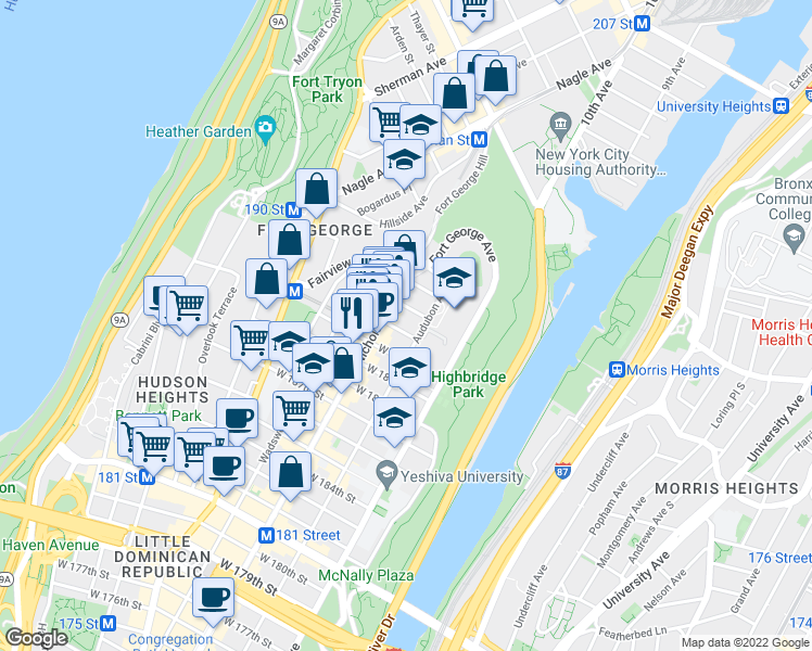 map of restaurants, bars, coffee shops, grocery stores, and more near 530 Audubon Avenue in New York