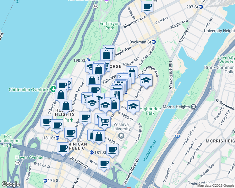 map of restaurants, bars, coffee shops, grocery stores, and more near 341 Wadsworth Avenue in New York
