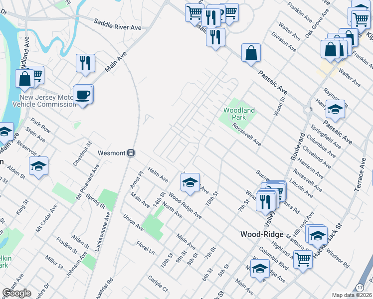 map of restaurants, bars, coffee shops, grocery stores, and more near 100 Marshall Lane in Wood-Ridge