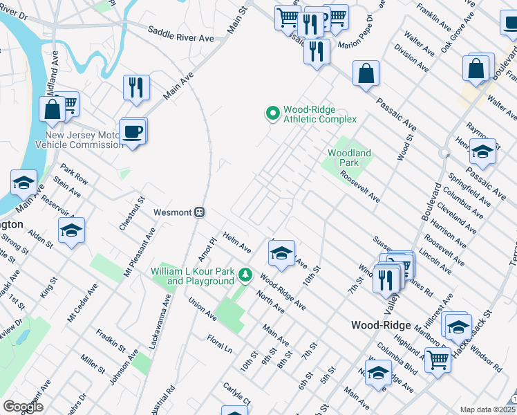 map of restaurants, bars, coffee shops, grocery stores, and more near 606 Eleanor Drive in Wood-Ridge