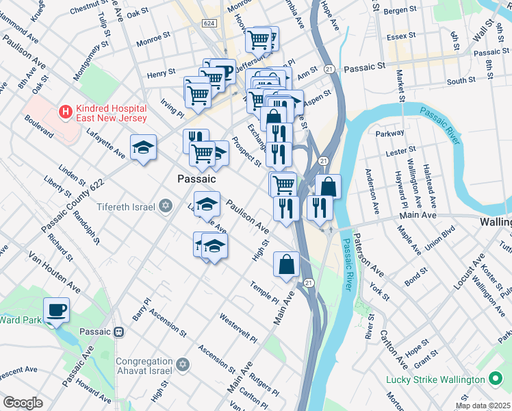 map of restaurants, bars, coffee shops, grocery stores, and more near 77 Pennington Avenue in Passaic