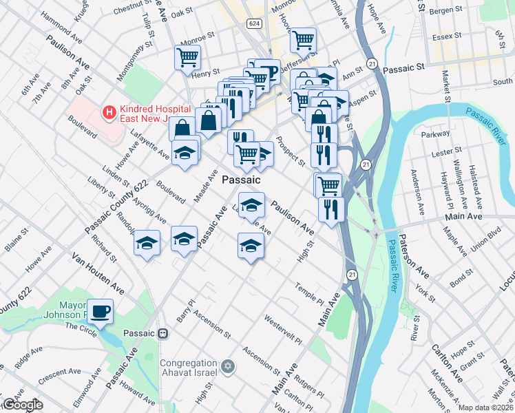 map of restaurants, bars, coffee shops, grocery stores, and more near in Passaic