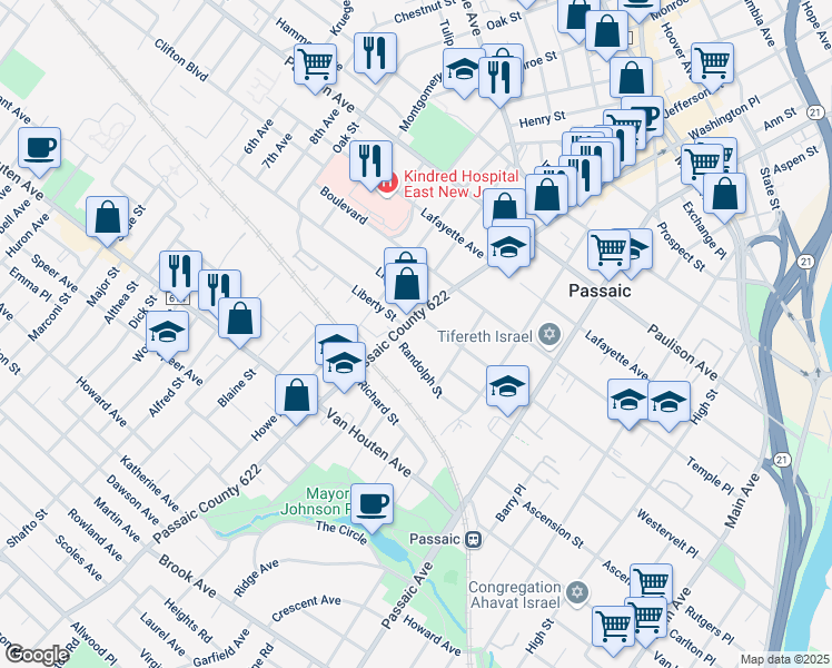 map of restaurants, bars, coffee shops, grocery stores, and more near 321 Broadway in Passaic