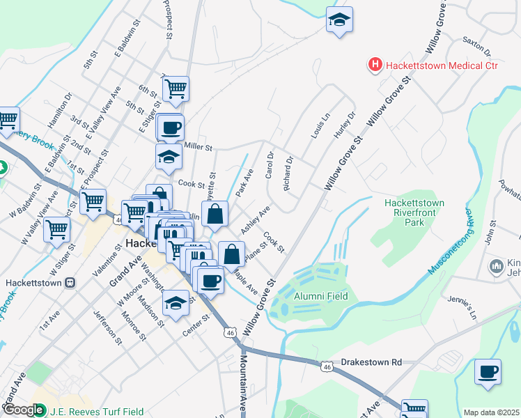 map of restaurants, bars, coffee shops, grocery stores, and more near 304 Ashley Avenue in Hackettstown