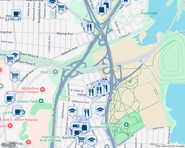 map of restaurants, bars, coffee shops, grocery stores, and more near 1874 Pelham Parkway South in Bronx