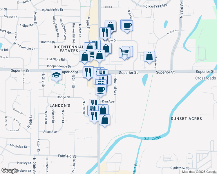 map of restaurants, bars, coffee shops, grocery stores, and more near 4231 Hendricks Lane in Lincoln