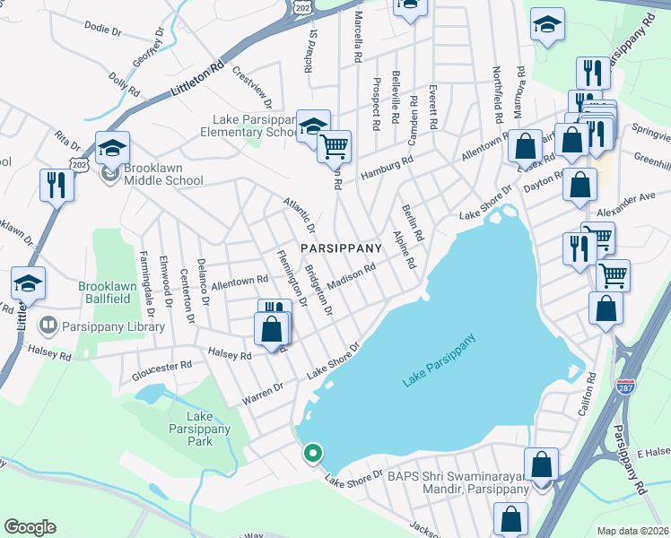 map of restaurants, bars, coffee shops, grocery stores, and more near 86 Atlantic Drive in Parsippany-Troy Hills