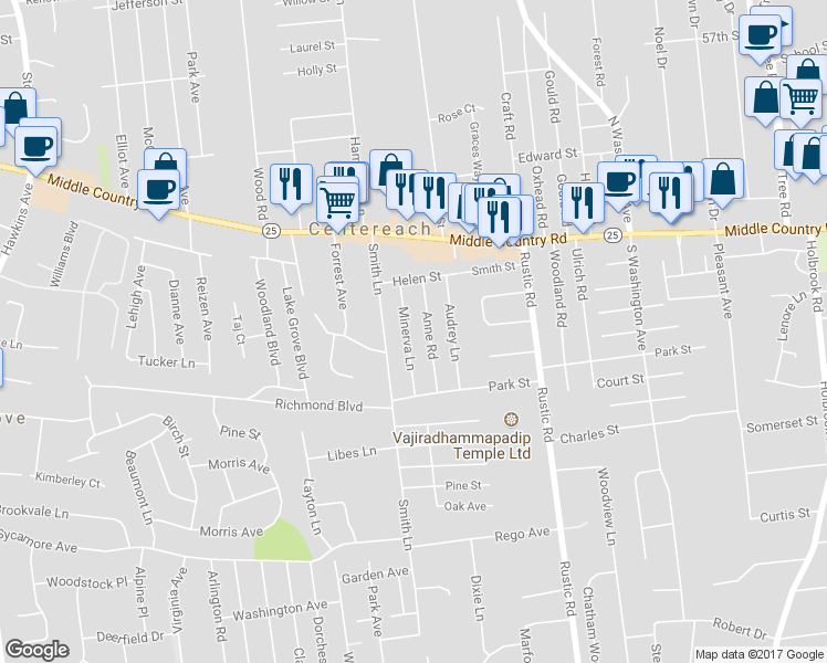 map of restaurants, bars, coffee shops, grocery stores, and more near 19 Minerva Lane in Centereach