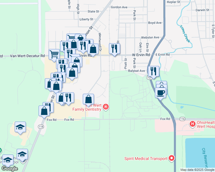 map of restaurants, bars, coffee shops, grocery stores, and more near Golden Oaks Drive in Van Wert