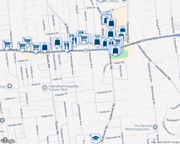 map of restaurants, bars, coffee shops, grocery stores, and more near 36 Pleasant Avenue in Centereach