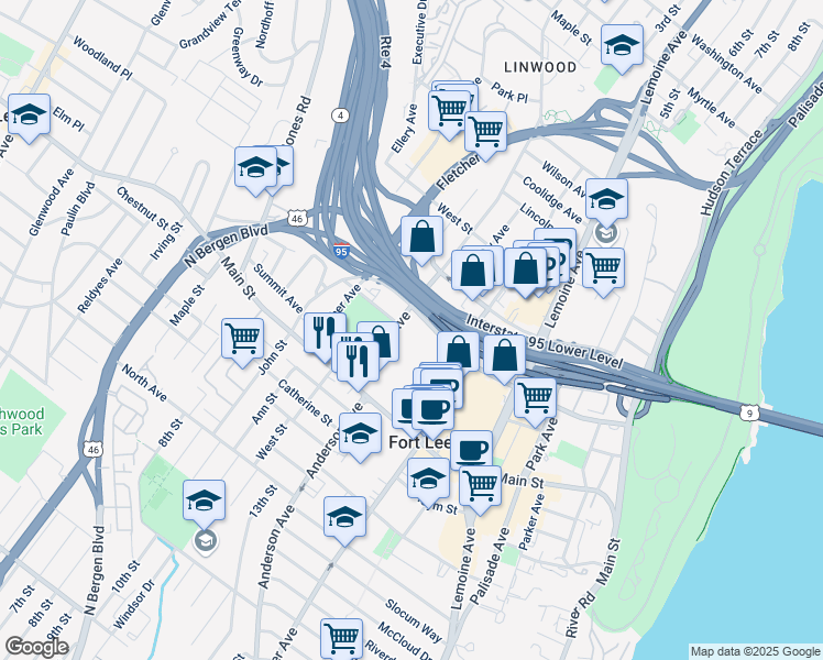 map of restaurants, bars, coffee shops, grocery stores, and more near 2100 Linwood Avenue in Fort Lee