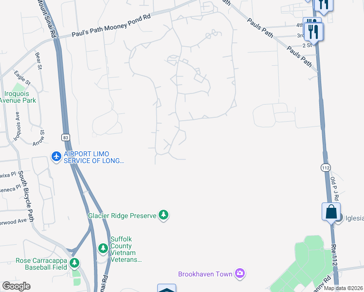 map of restaurants, bars, coffee shops, grocery stores, and more near 859 Skyline Drive in Coram