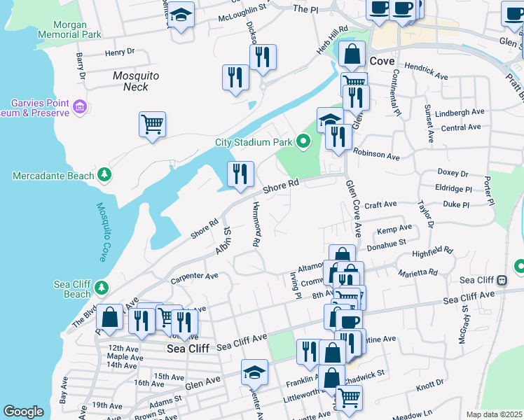map of restaurants, bars, coffee shops, grocery stores, and more near 18 Hammond Road in Glen Cove