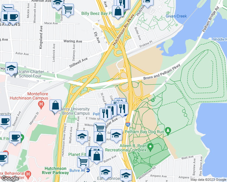 map of restaurants, bars, coffee shops, grocery stores, and more near 1910 Pelham Parkway South in Bronx