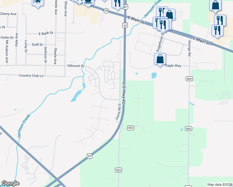 map of restaurants, bars, coffee shops, grocery stores, and more near 1045 U.S. 42 in Ashland