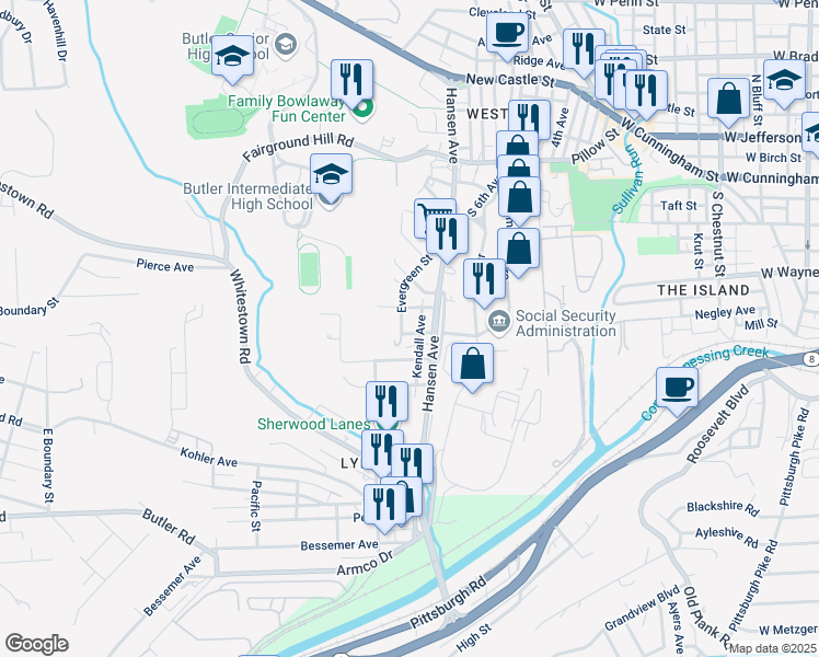 map of restaurants, bars, coffee shops, grocery stores, and more near 107 Peterson Street in Lyndora