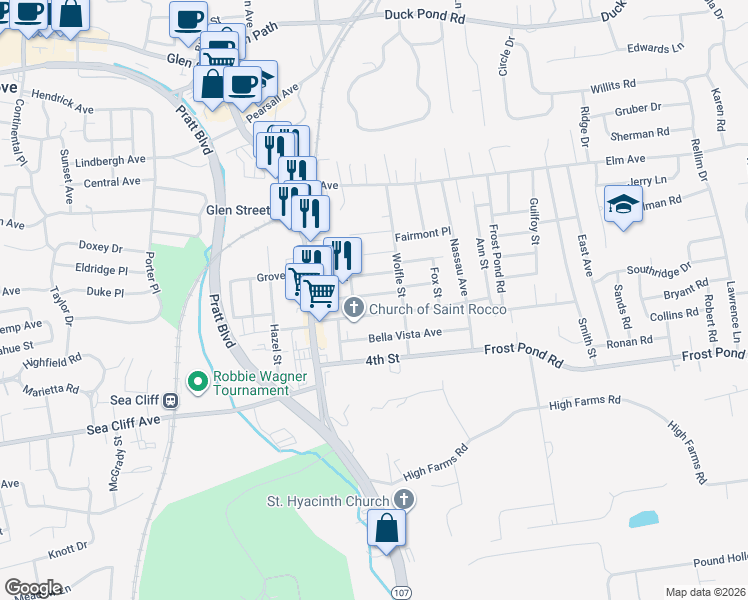 map of restaurants, bars, coffee shops, grocery stores, and more near 26A 2nd Street in Glen Cove