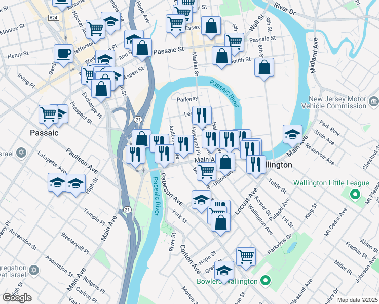 map of restaurants, bars, coffee shops, grocery stores, and more near 91 Maple Avenue in Wallington