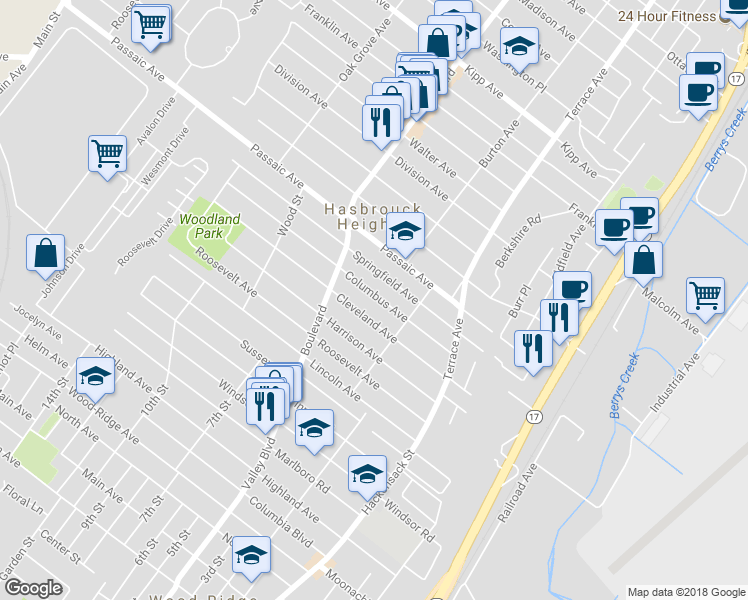 map of restaurants, bars, coffee shops, grocery stores, and more near 242 Columbus Avenue in Hasbrouck Heights