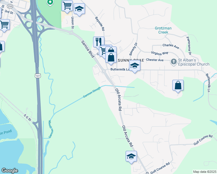 map of restaurants, bars, coffee shops, grocery stores, and more near 919 Bayside Road in Arcata