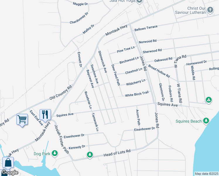 map of restaurants, bars, coffee shops, grocery stores, and more near 36 Shinnecock Avenue in East Quogue