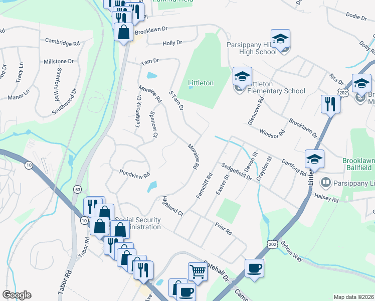 map of restaurants, bars, coffee shops, grocery stores, and more near 50 Moraine Road in Morris Plains