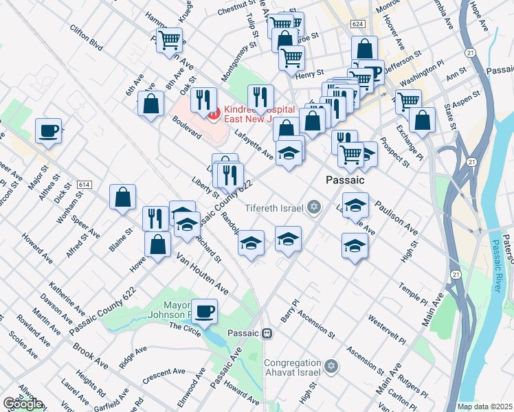 map of restaurants, bars, coffee shops, grocery stores, and more near 334 Aycrigg Avenue in Passaic