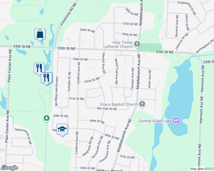 map of restaurants, bars, coffee shops, grocery stores, and more near 5219 Beechgrove Avenue Northeast in Canton