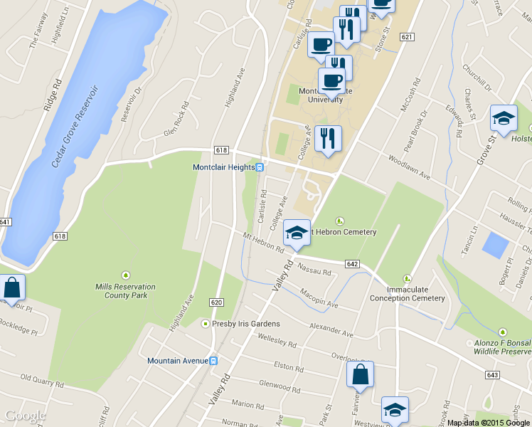 map of restaurants, bars, coffee shops, grocery stores, and more near 11 Carlisle Road in Montclair