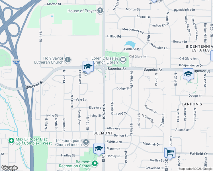 map of restaurants, bars, coffee shops, grocery stores, and more near 4420 North 14th Street in Lincoln