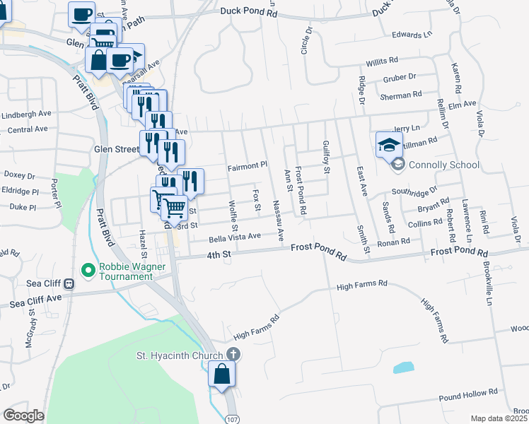 map of restaurants, bars, coffee shops, grocery stores, and more near 55 3rd Street in Glen Cove