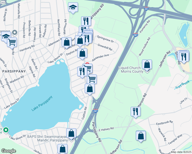 map of restaurants, bars, coffee shops, grocery stores, and more near 4 Colonial Gardens Apartments Road in Parsippany-Troy Hills