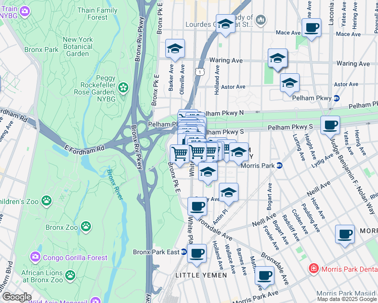 map of restaurants, bars, coffee shops, grocery stores, and more near 2170 White Plains Road in Bronx