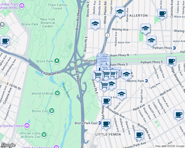 map of restaurants, bars, coffee shops, grocery stores, and more near 2185 Bolton Street in The Bronx