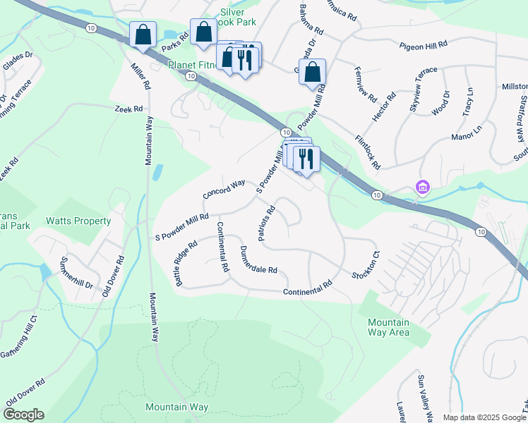 map of restaurants, bars, coffee shops, grocery stores, and more near 83 Patriots Road in Morris Plains