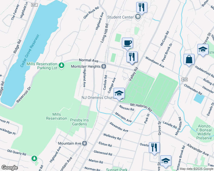 map of restaurants, bars, coffee shops, grocery stores, and more near 11 Carlisle Road in Montclair